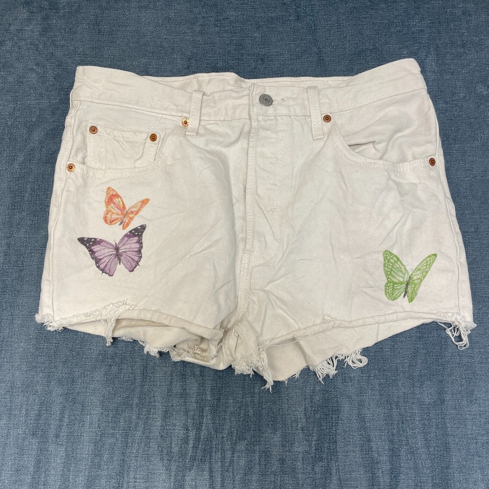 Levi's 501 High Rise Butterfly Cut off Shorts Womens 34 White Denim Frayed Hem
